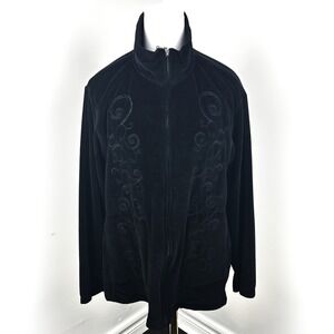 Carroll Reed Jacket Womens 1X Black‎ Velour Zip Up Embroidered Scroll Pockets